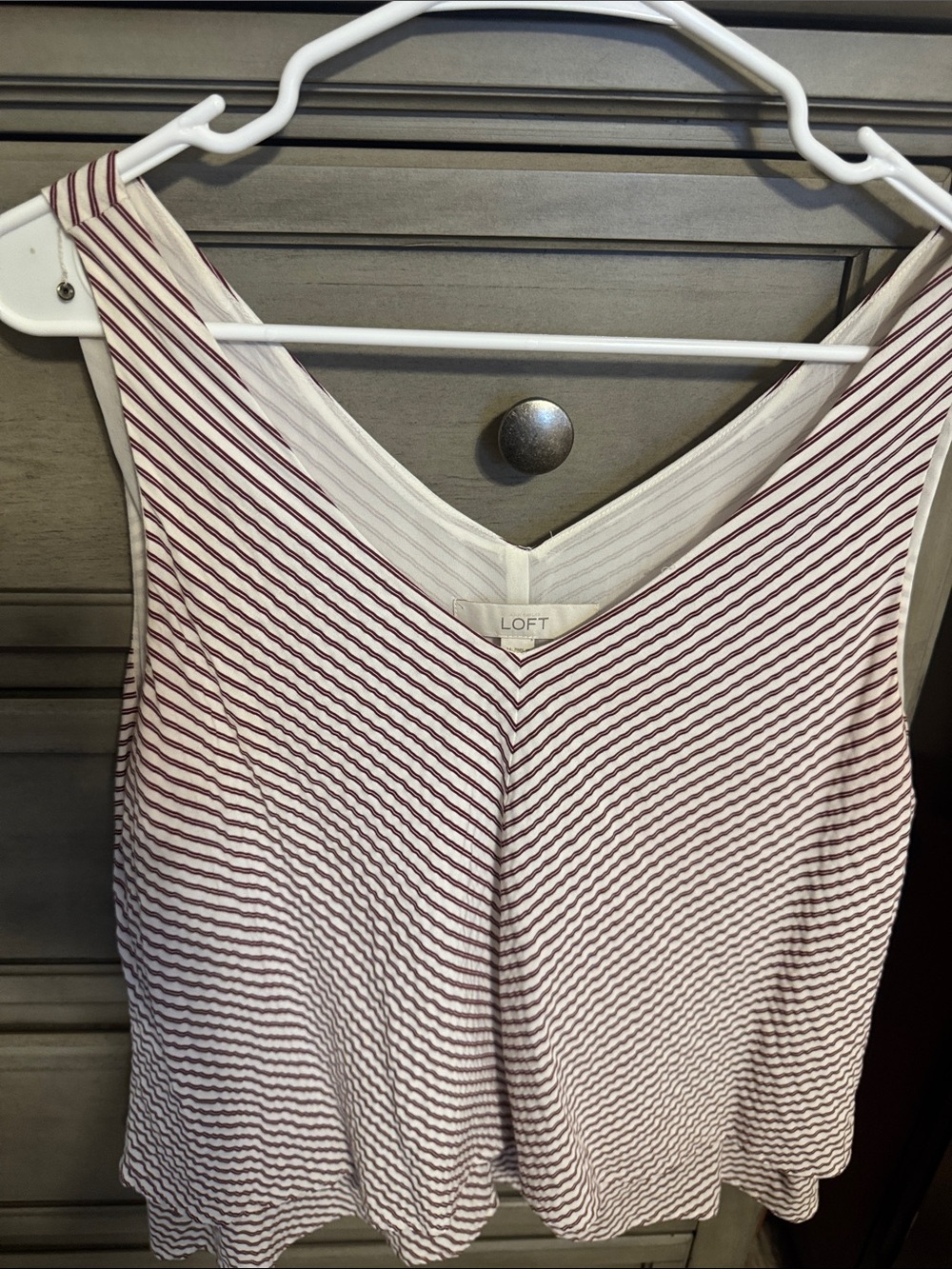 LOFT Burgundy and White Striped V-Neck Sleeveless Top